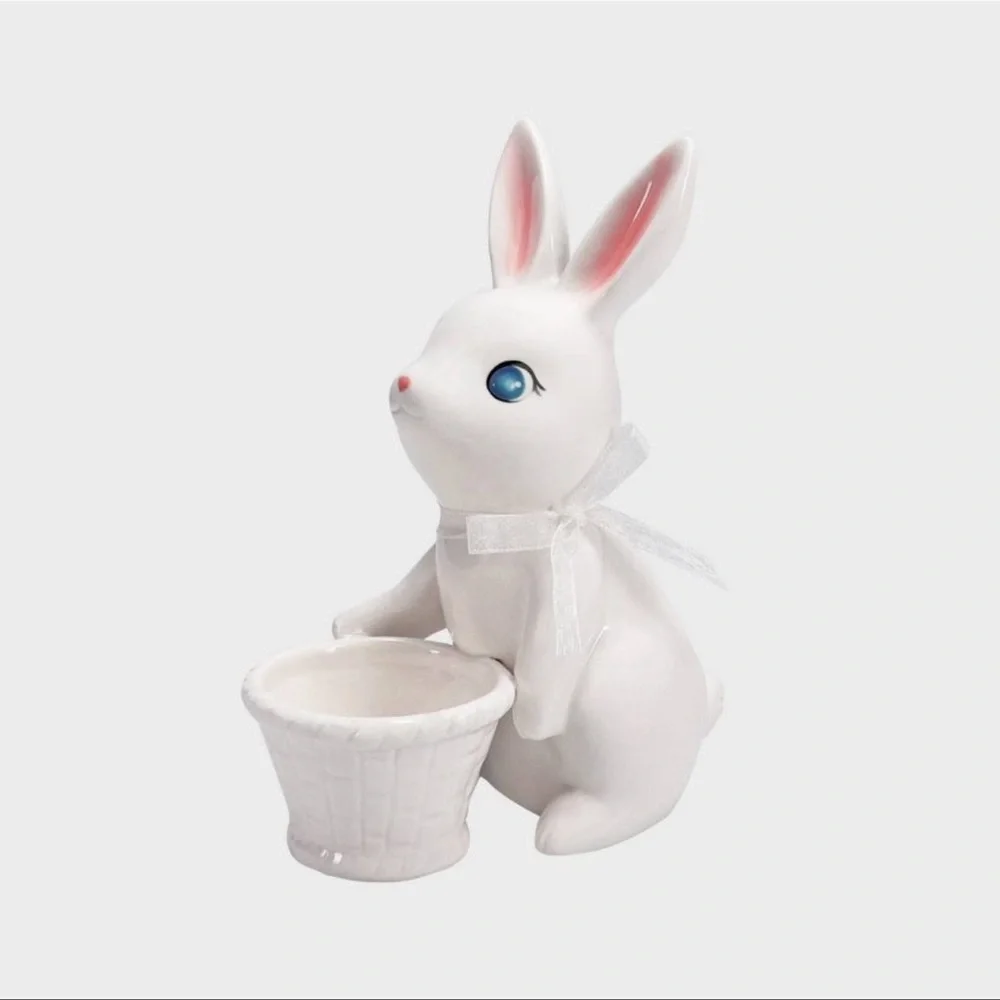 HTF Ceramic Easter Bunny Decorative Figurine with Basket - Picture 1 of 2
